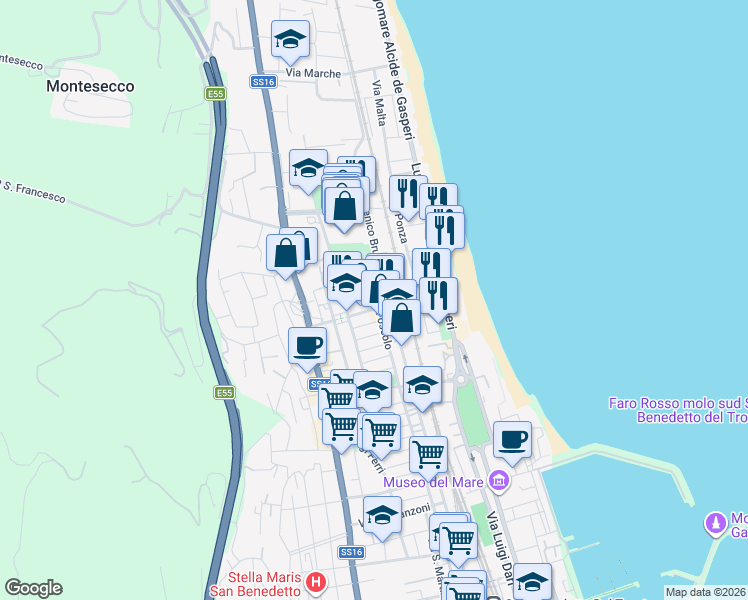 map of restaurants, bars, coffee shops, grocery stores, and more near 15 Via Ugo Foscolo in Grottammare