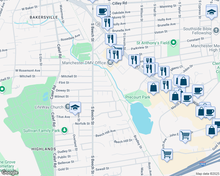 map of restaurants, bars, coffee shops, grocery stores, and more near 94 Marguerite Street in Manchester