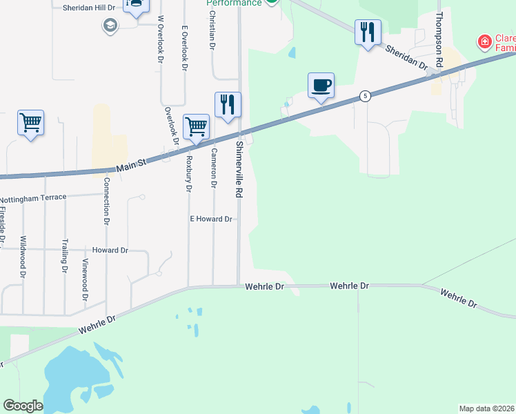 map of restaurants, bars, coffee shops, grocery stores, and more near 4311 Shimerville Road in Clarence
