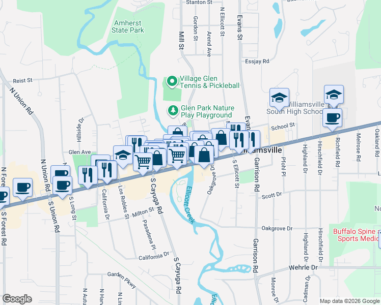 map of restaurants, bars, coffee shops, grocery stores, and more near 52 Mill Street in Buffalo