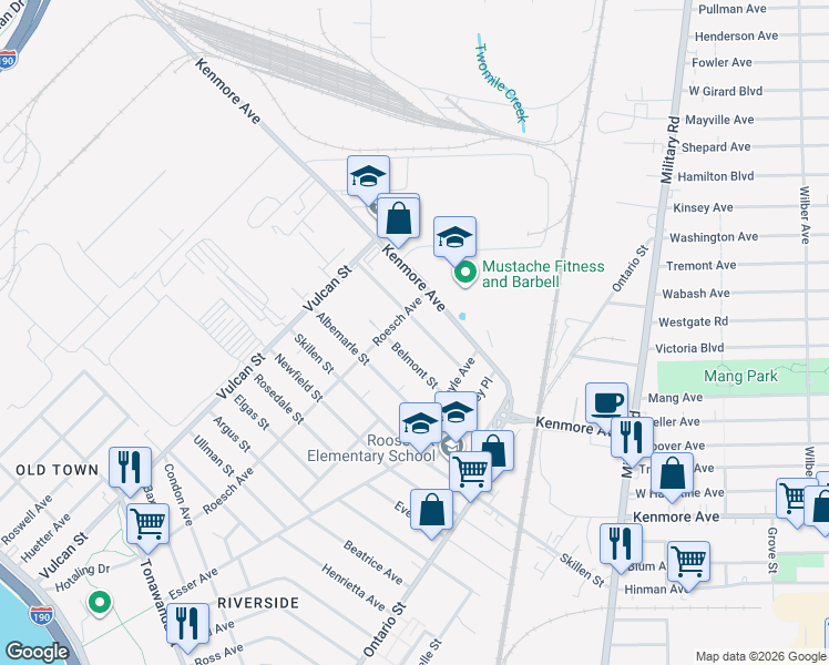 map of restaurants, bars, coffee shops, grocery stores, and more near 423 Roesch Avenue in Buffalo