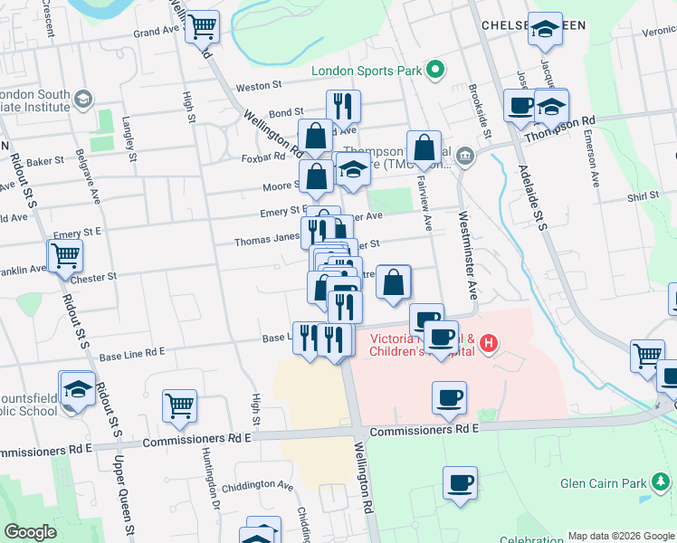 map of restaurants, bars, coffee shops, grocery stores, and more near in London