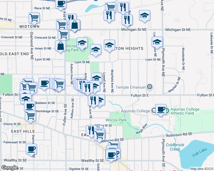 map of restaurants, bars, coffee shops, grocery stores, and more near 62 Lowell Avenue Northeast in Grand Rapids
