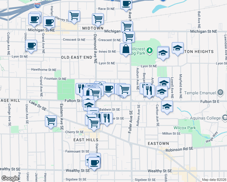 map of restaurants, bars, coffee shops, grocery stores, and more near 60 Caroline Place Northeast in Grand Rapids