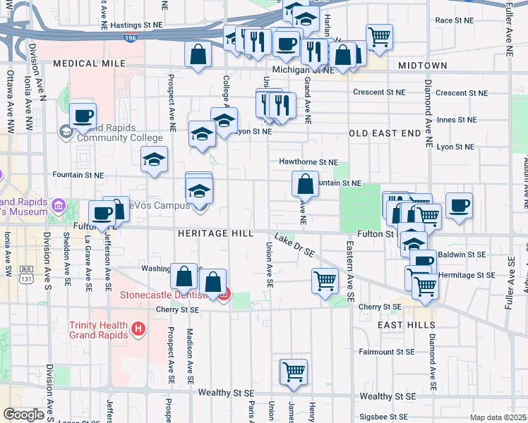 map of restaurants, bars, coffee shops, grocery stores, and more near 51 Union Avenue Northeast in Grand Rapids