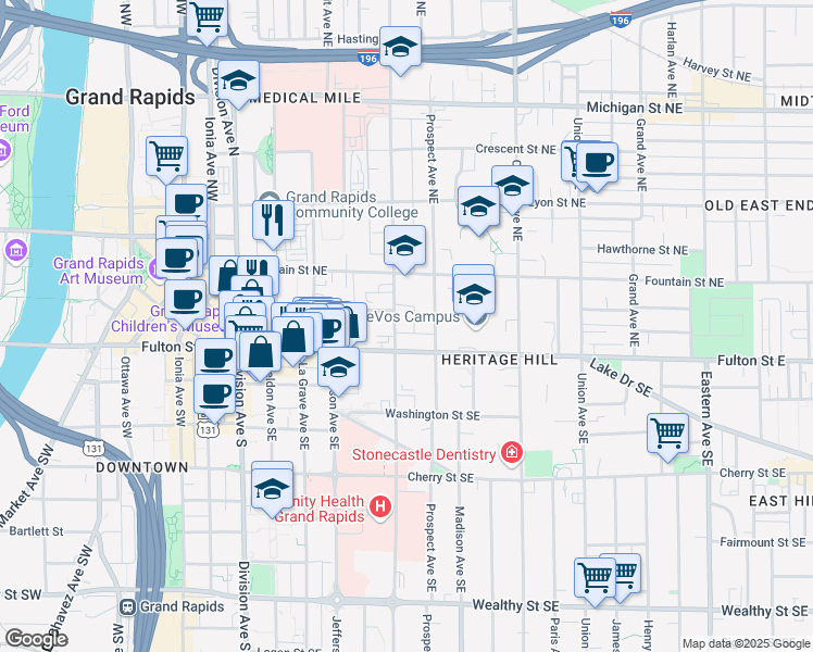 map of restaurants, bars, coffee shops, grocery stores, and more near 55 Lafayette Avenue Northeast in Grand Rapids