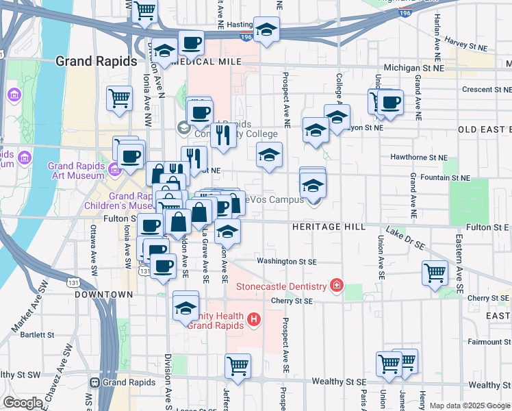 map of restaurants, bars, coffee shops, grocery stores, and more near 55 Lafayette Avenue Northeast in Grand Rapids