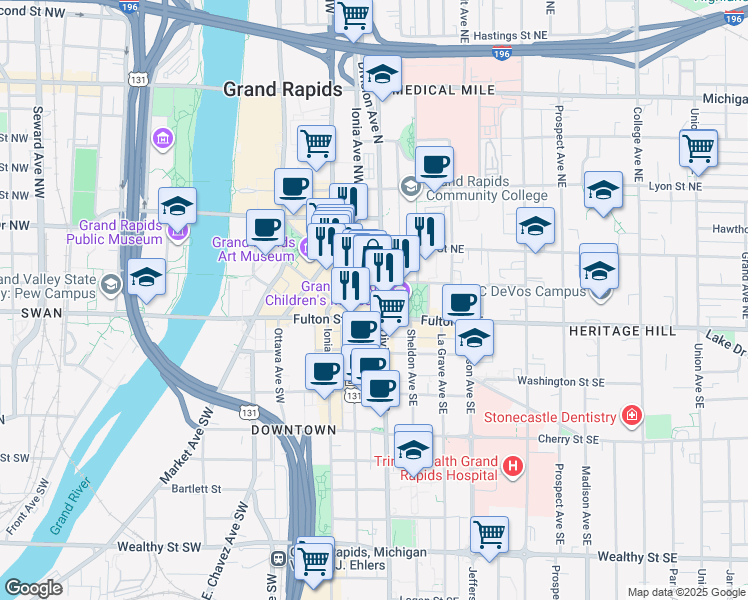 map of restaurants, bars, coffee shops, grocery stores, and more near 60 Division Avenue North in Grand Rapids