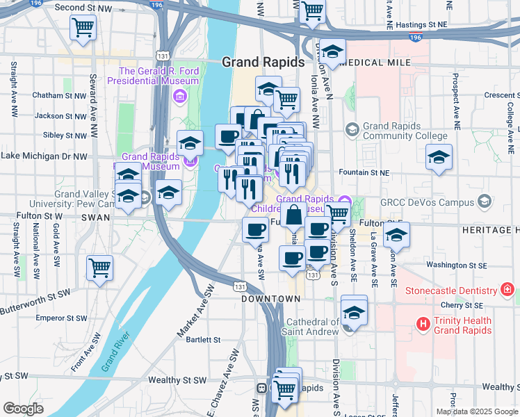 map of restaurants, bars, coffee shops, grocery stores, and more near in Grand Rapids