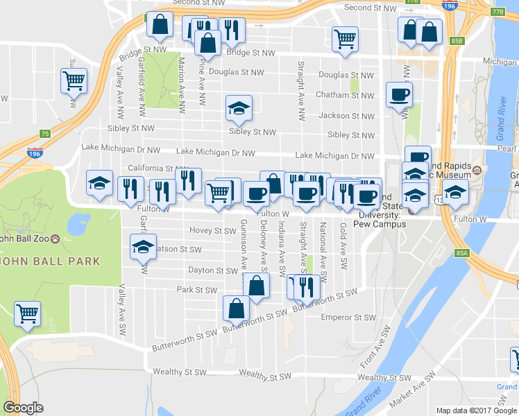 map of restaurants, bars, coffee shops, grocery stores, and more near 910 Veto Street Northwest in Grand Rapids