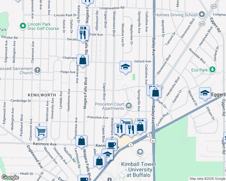 map of restaurants, bars, coffee shops, grocery stores, and more near Windermere Boulevard & Cambridge Boulevard in Buffalo