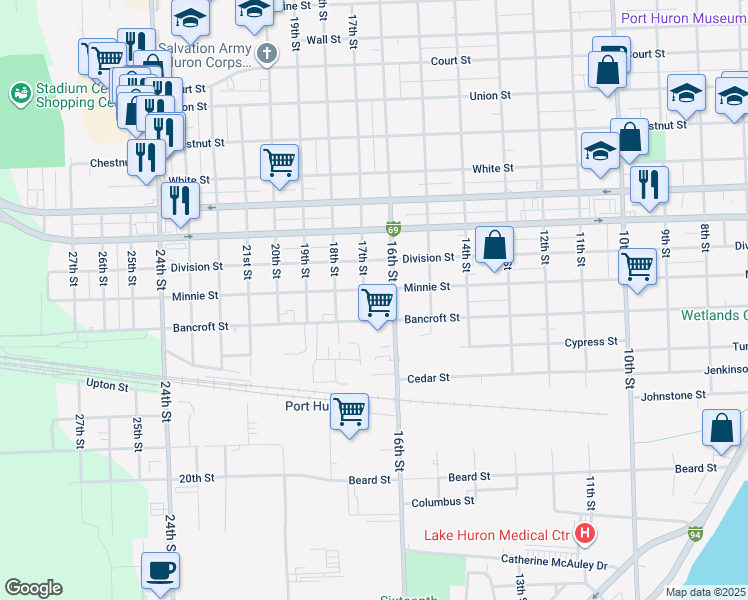 map of restaurants, bars, coffee shops, grocery stores, and more near 1818 17th Street in Port Huron