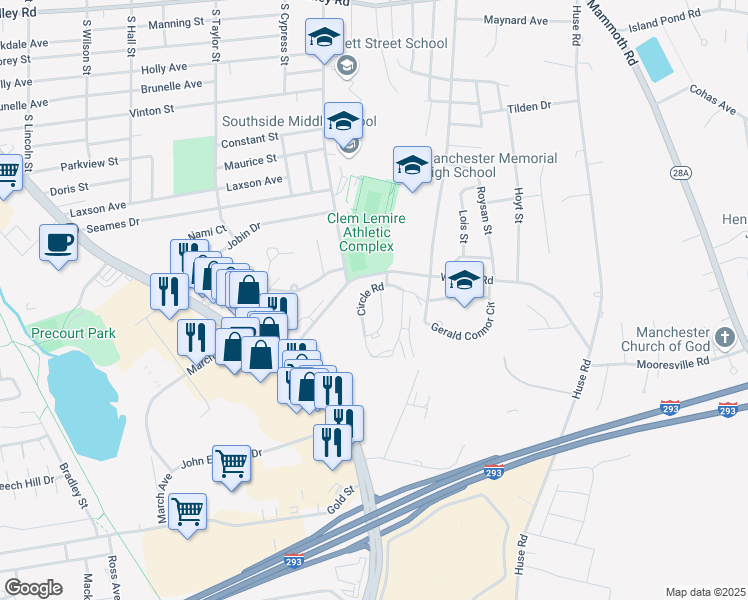 map of restaurants, bars, coffee shops, grocery stores, and more near 46 Manor Drive in Manchester