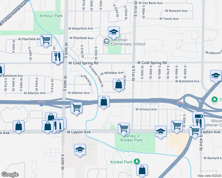 map of restaurants, bars, coffee shops, grocery stores, and more near 5311 West Bottsford Avenue in Greenfield
