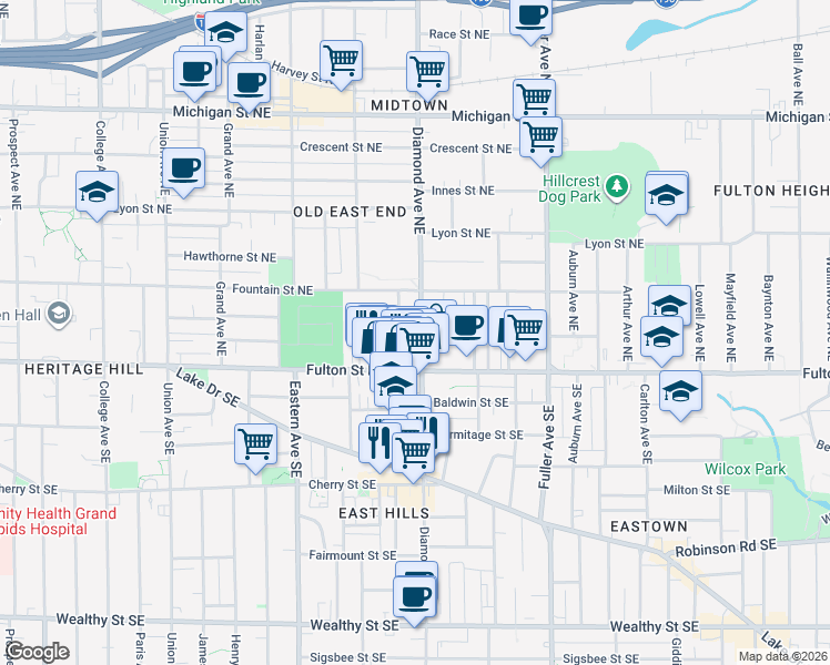 map of restaurants, bars, coffee shops, grocery stores, and more near 35 Diamond Avenue Northeast in Grand Rapids