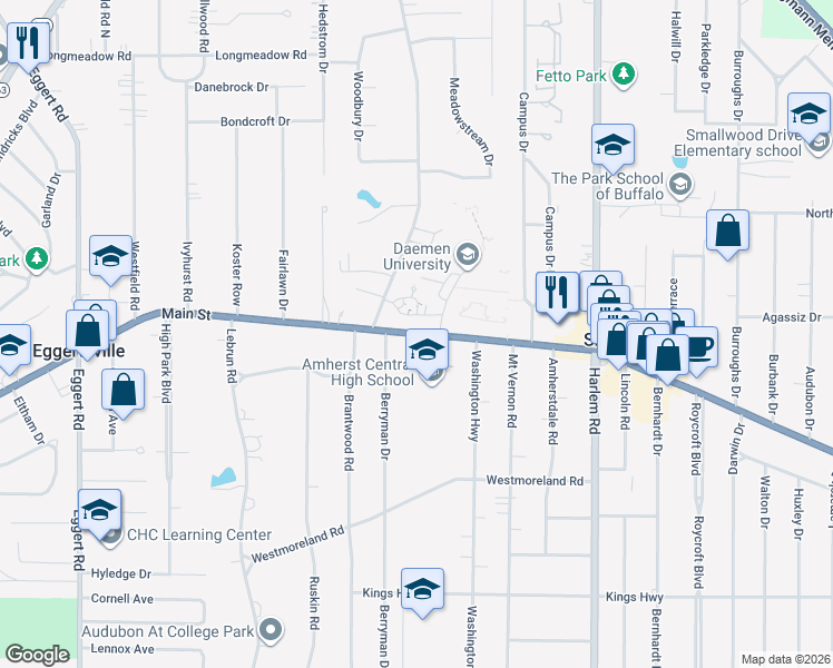 map of restaurants, bars, coffee shops, grocery stores, and more near 4301 Main Street in Buffalo