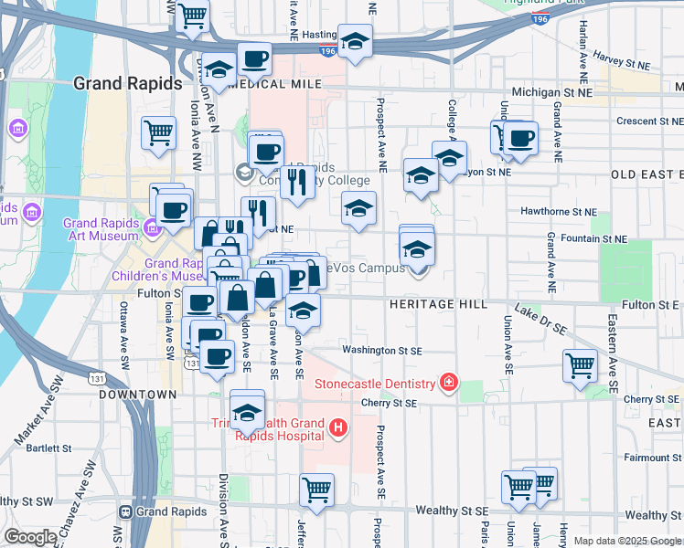 map of restaurants, bars, coffee shops, grocery stores, and more near 23 Lafayette Avenue Northeast in Grand Rapids