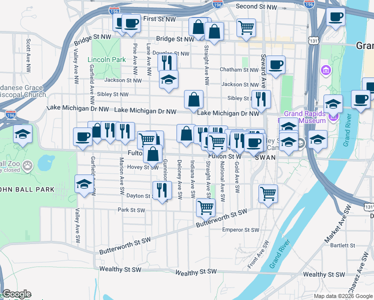 map of restaurants, bars, coffee shops, grocery stores, and more near 840 Veto Street Northwest in Grand Rapids
