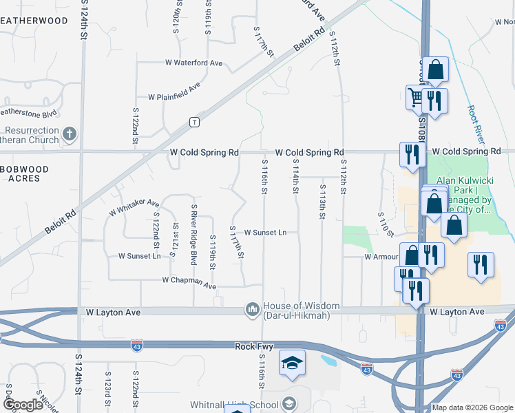 map of restaurants, bars, coffee shops, grocery stores, and more near 4390 South 116th Street in Greenfield