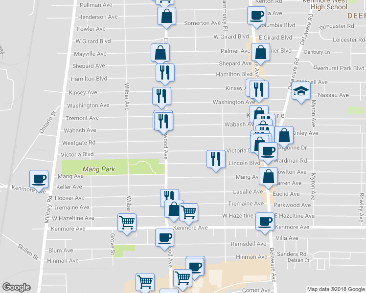 map of restaurants, bars, coffee shops, grocery stores, and more near 185 Victoria Boulevard in Buffalo