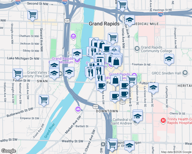 map of restaurants, bars, coffee shops, grocery stores, and more near 49 Campau Avenue Northwest in Grand Rapids
