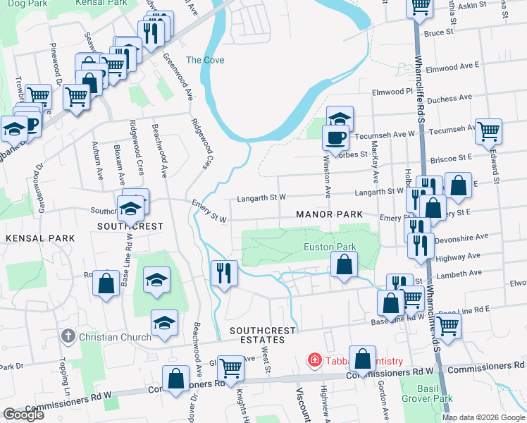 map of restaurants, bars, coffee shops, grocery stores, and more near 123 Langarth Street West in London