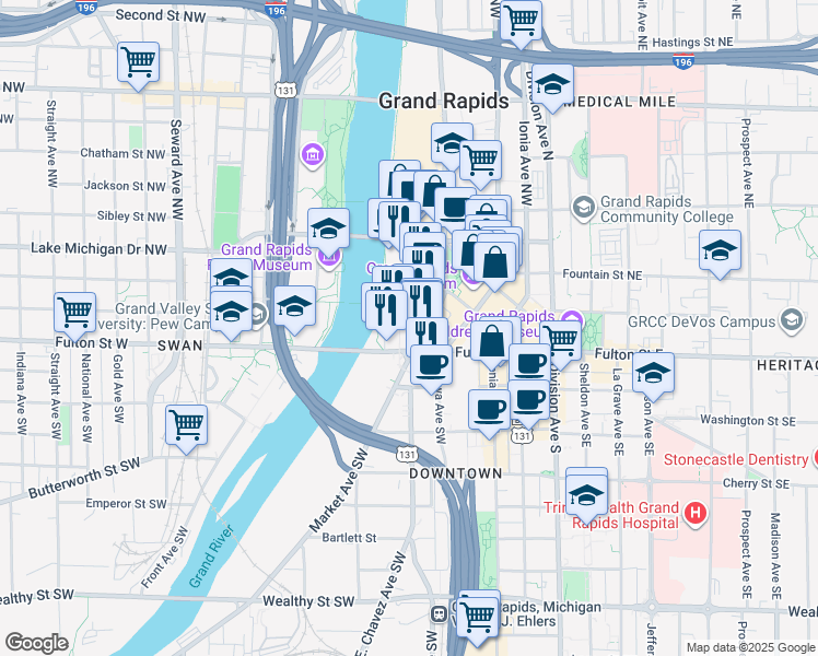 map of restaurants, bars, coffee shops, grocery stores, and more near 49 Campau Avenue Northwest in Grand Rapids