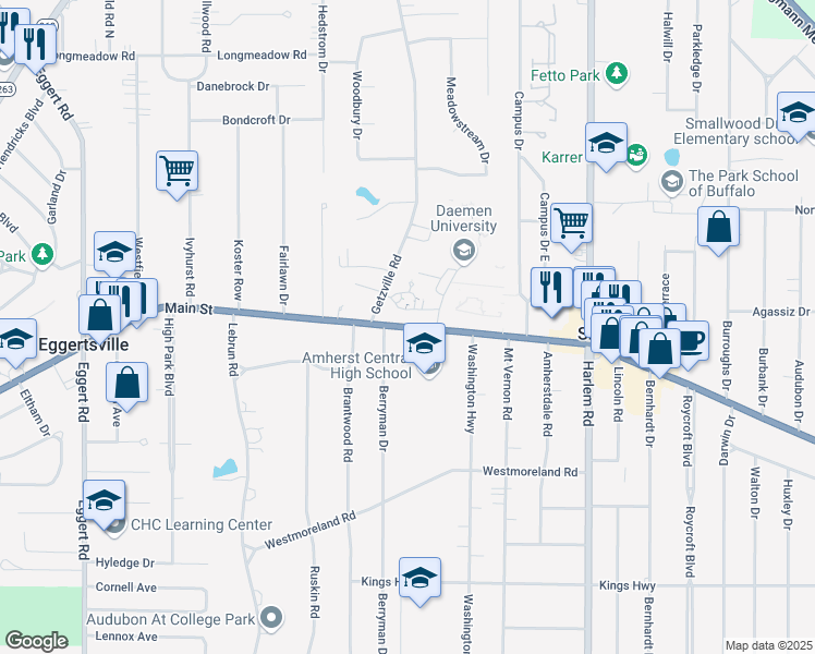 map of restaurants, bars, coffee shops, grocery stores, and more near 4301 Main Street in Buffalo