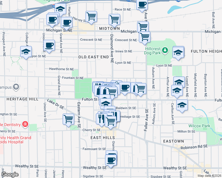 map of restaurants, bars, coffee shops, grocery stores, and more near 35 Diamond Avenue Northeast in Grand Rapids