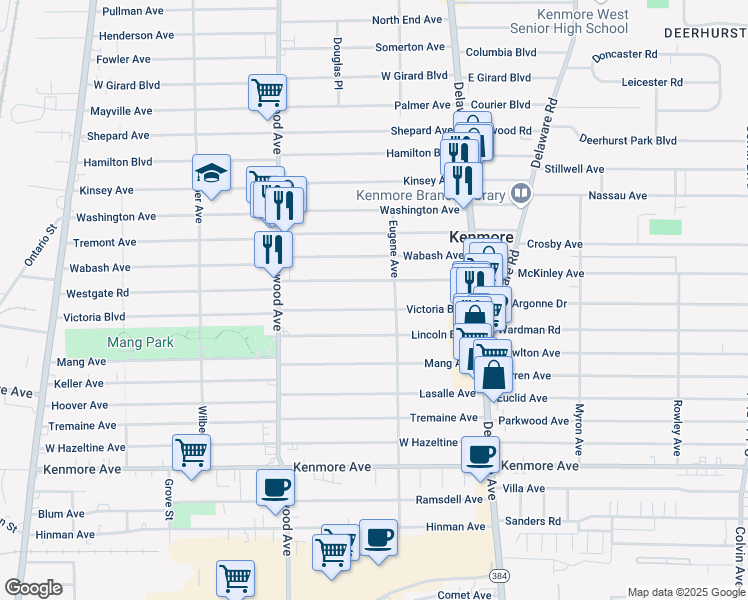 map of restaurants, bars, coffee shops, grocery stores, and more near 115 Victoria Boulevard in Buffalo
