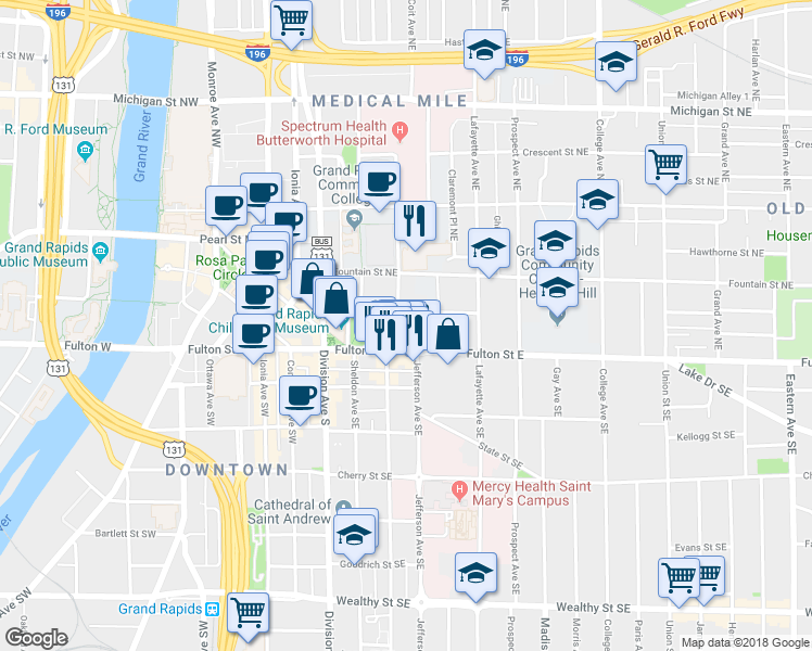 map of restaurants, bars, coffee shops, grocery stores, and more near 24 Ransom Avenue Northeast in Grand Rapids