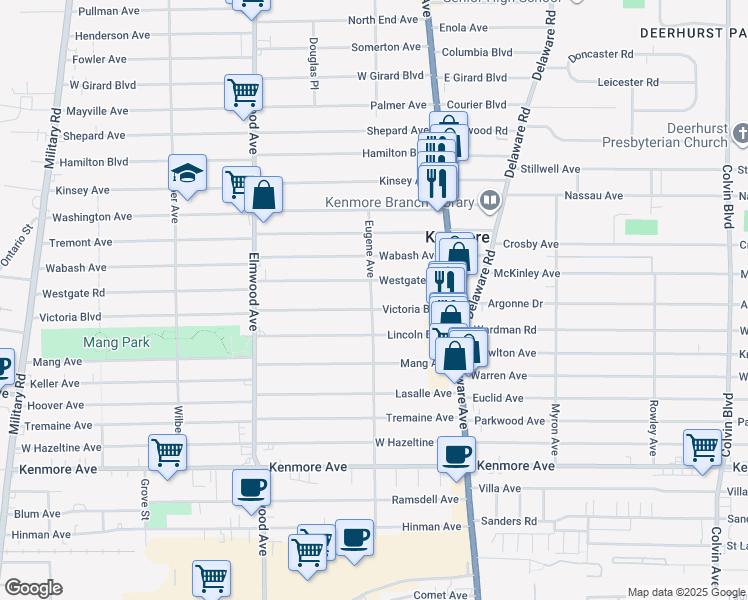 map of restaurants, bars, coffee shops, grocery stores, and more near 74 Westgate Road in Buffalo