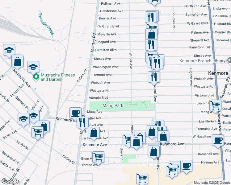 map of restaurants, bars, coffee shops, grocery stores, and more near 389 Westgate Road in Buffalo
