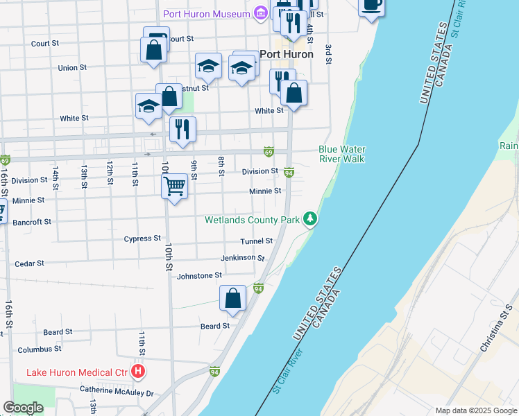 map of restaurants, bars, coffee shops, grocery stores, and more near 1908 7th Street in Port Huron
