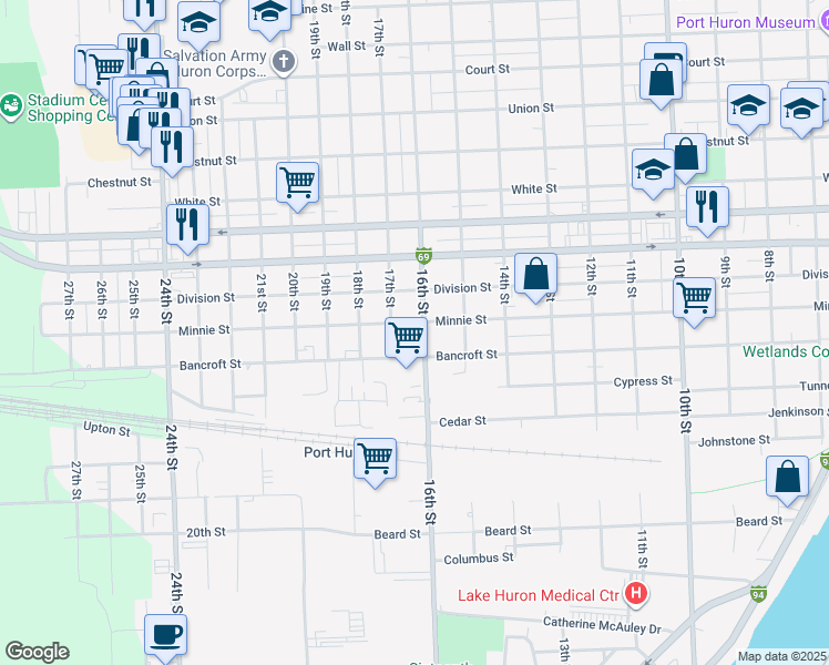 map of restaurants, bars, coffee shops, grocery stores, and more near 1818 17th Street in Port Huron