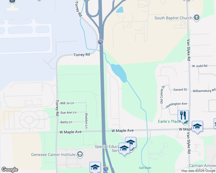 map of restaurants, bars, coffee shops, grocery stores, and more near 4432 Jena Lane in Flint