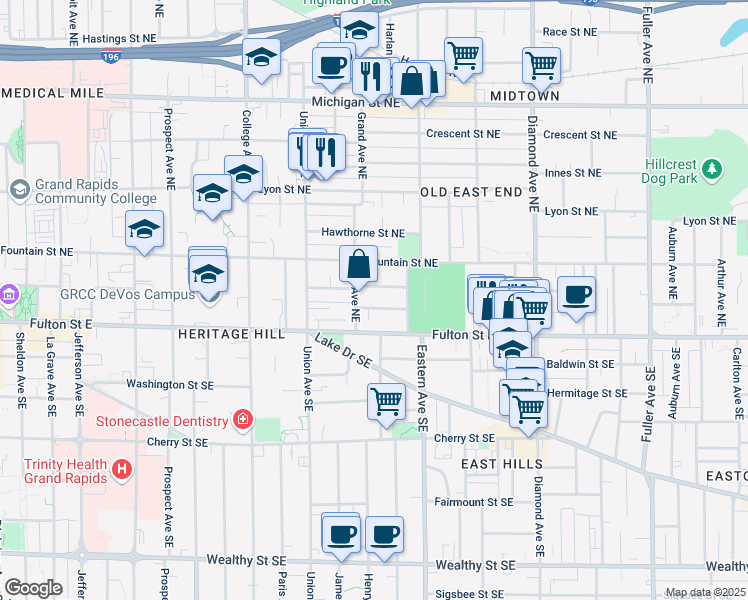 map of restaurants, bars, coffee shops, grocery stores, and more near 717 Atwood Street Northeast in Grand Rapids
