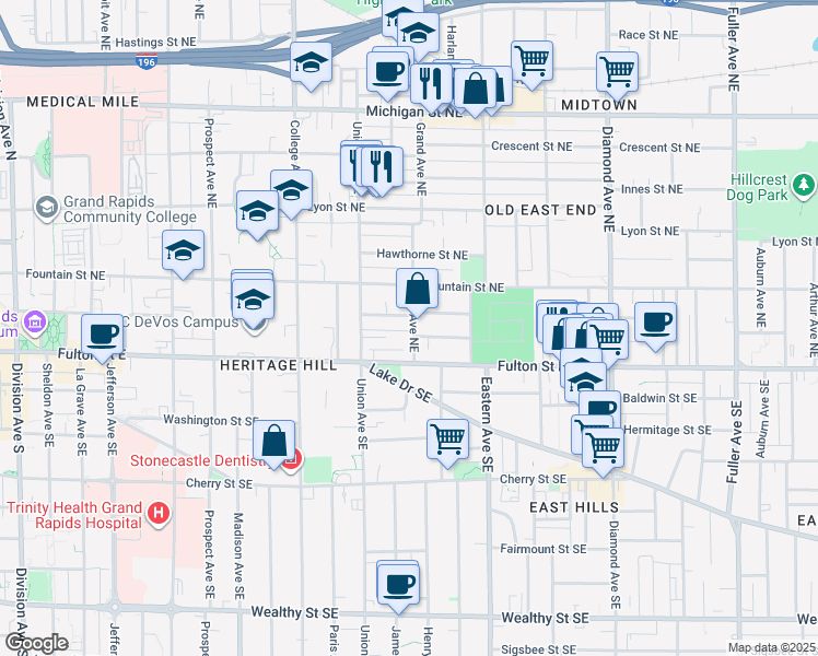 map of restaurants, bars, coffee shops, grocery stores, and more near 633 Atwood Street Northeast in Grand Rapids