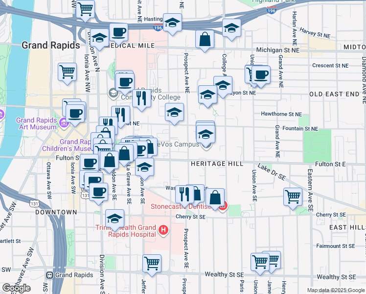 map of restaurants, bars, coffee shops, grocery stores, and more near 49 Prospect Avenue Northeast in Grand Rapids
