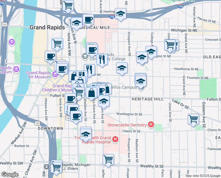 map of restaurants, bars, coffee shops, grocery stores, and more near 23 Barclay Avenue Northeast in Grand Rapids