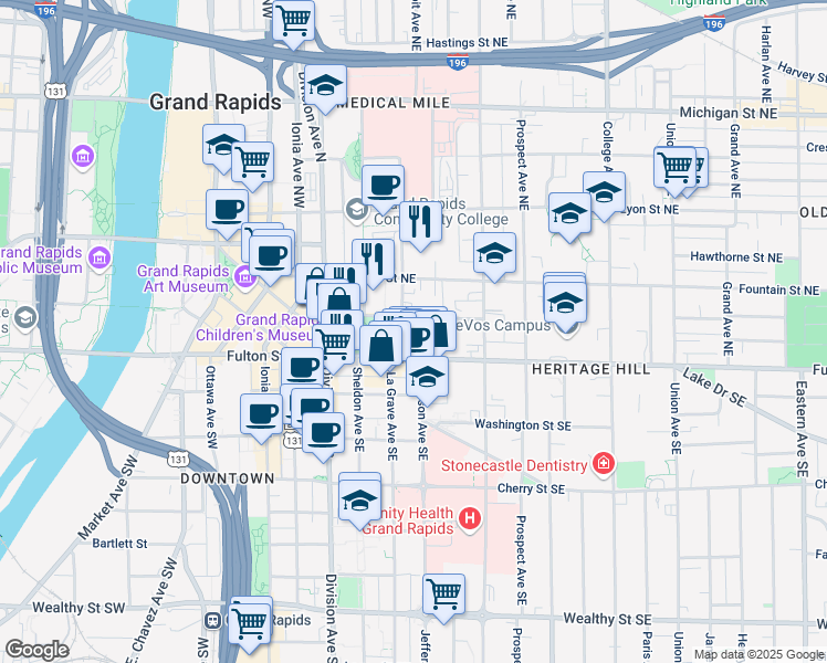 map of restaurants, bars, coffee shops, grocery stores, and more near 181 Library Street Northeast in Grand Rapids