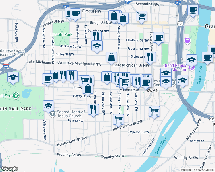 map of restaurants, bars, coffee shops, grocery stores, and more near 840 Veto Street Northwest in Grand Rapids