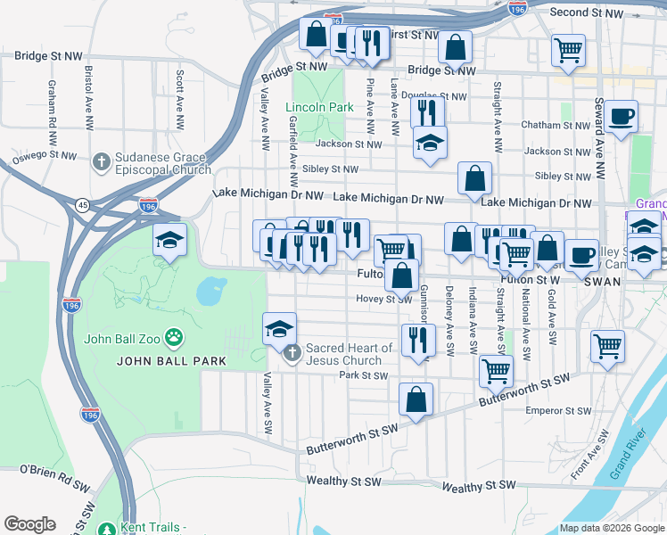 map of restaurants, bars, coffee shops, grocery stores, and more near 23 Marion Avenue Northwest in Grand Rapids