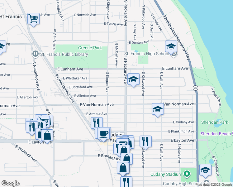 map of restaurants, bars, coffee shops, grocery stores, and more near 3553 East Bottsford Avenue in Cudahy