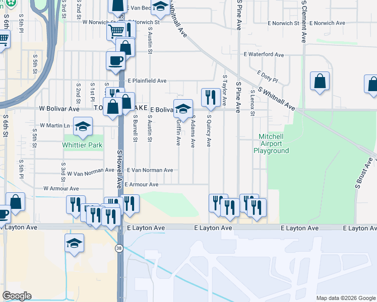 map of restaurants, bars, coffee shops, grocery stores, and more near 4386 South Griffin Avenue in Milwaukee