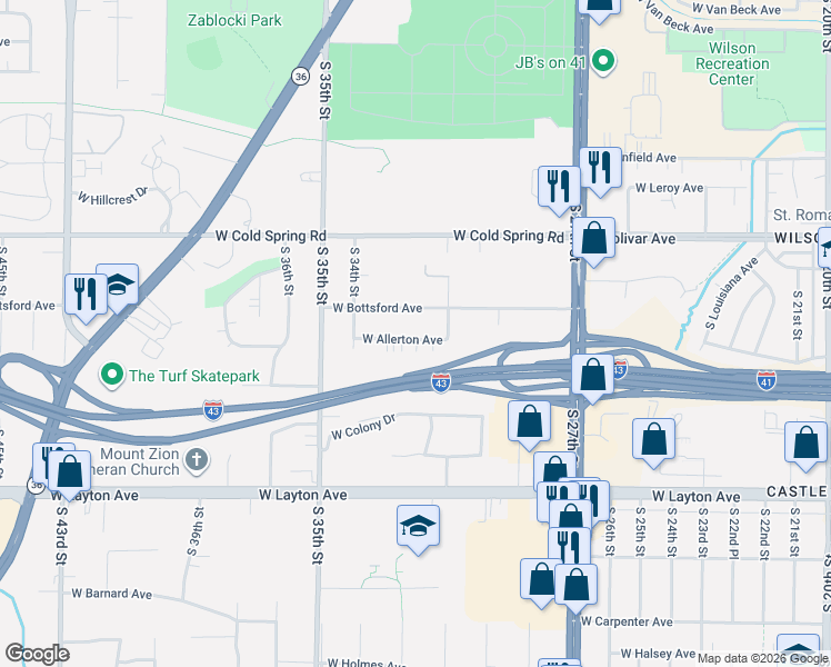 map of restaurants, bars, coffee shops, grocery stores, and more near 3207 West Bottsford Avenue in Greenfield