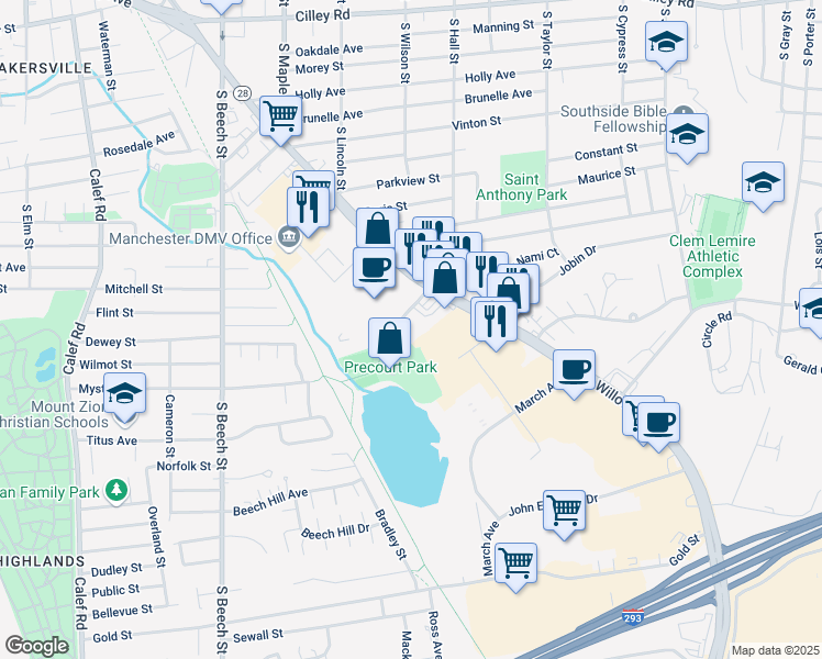 map of restaurants, bars, coffee shops, grocery stores, and more near 64 Driving Park Road in Manchester