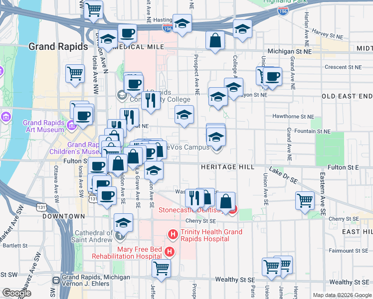 map of restaurants, bars, coffee shops, grocery stores, and more near 28 Lafayette Avenue Northeast in Grand Rapids