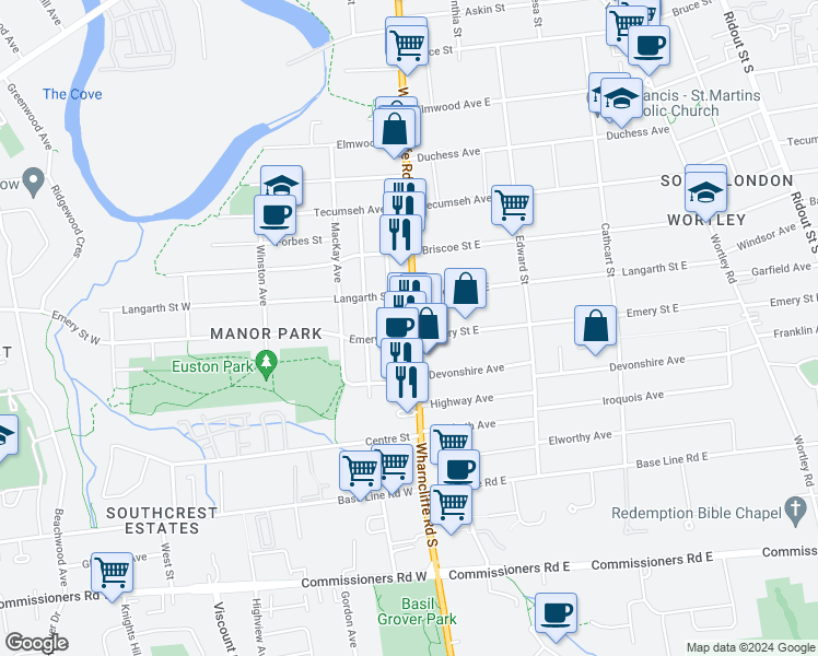 map of restaurants, bars, coffee shops, grocery stores, and more near 387 Wharncliffe Road South in London