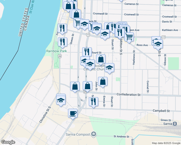 map of restaurants, bars, coffee shops, grocery stores, and more near in Sarnia